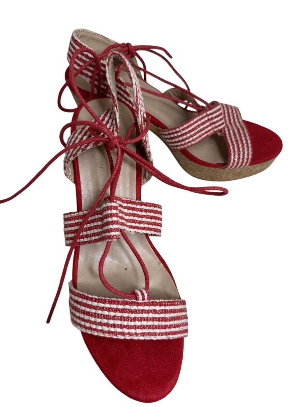 Yoki Red & White Striped Platform Heel Sandals With Cork Sole & Lace-Up  Size 10